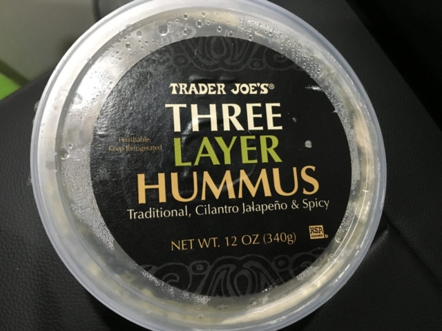 This is the delicious Trader Joe's Three Layer Hummus that I like with plantain chips.