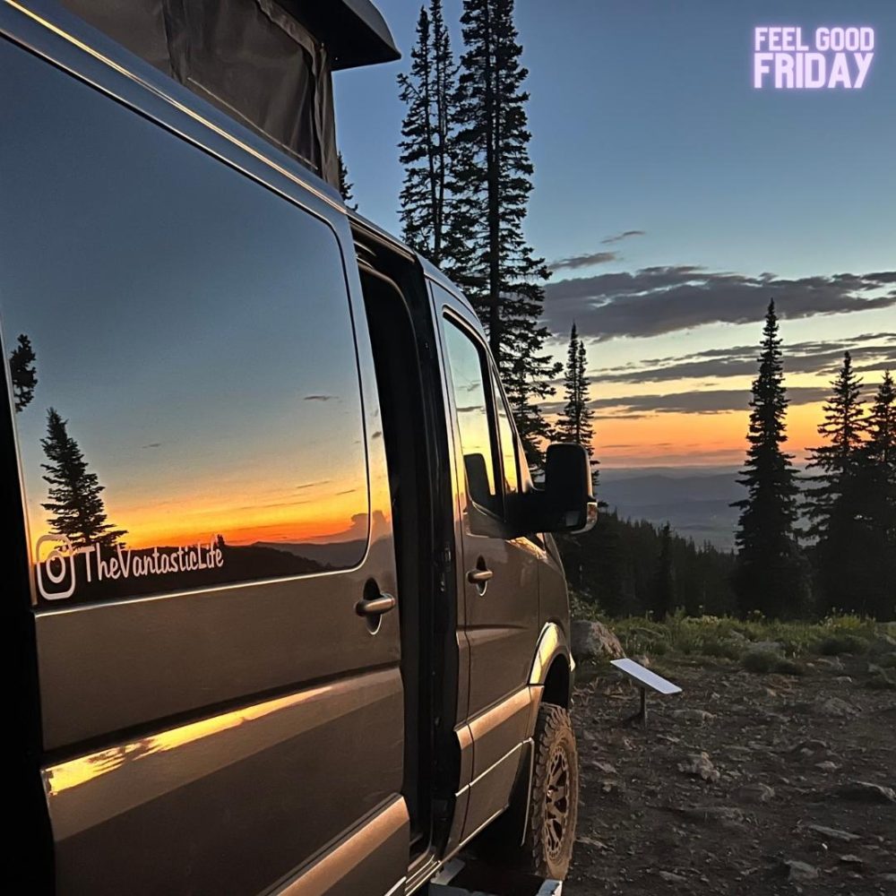 Sprinter van with amazing sunset reflection