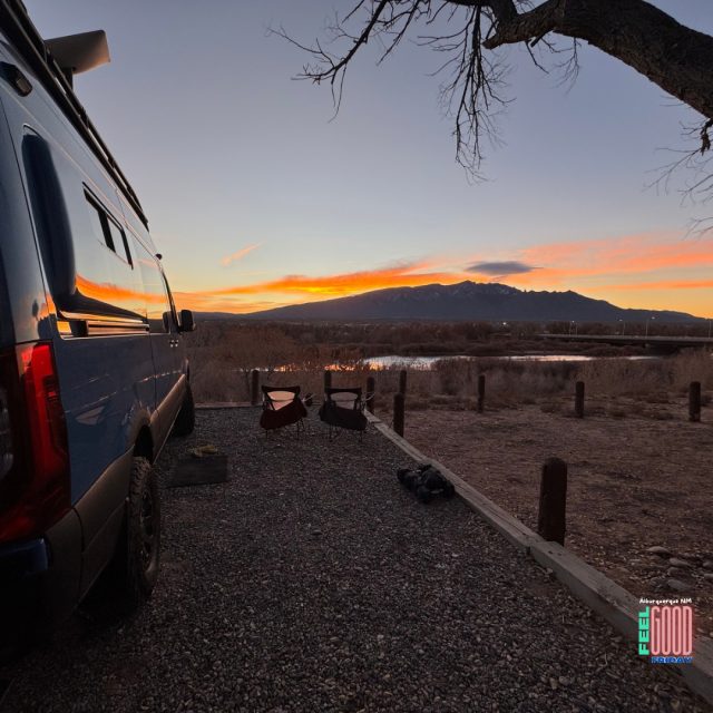 Van life sun rise looking at the Sandia Mountains