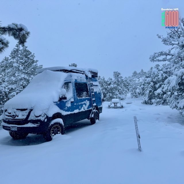 Sprinter van camping in snow